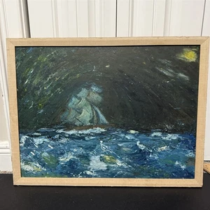 Vintage Oil Painting Nautical Boat Ship Ocean Nightime Moon Signed Merrill Moody - Picture 1 of 14