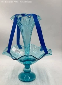 Blue Glass Ruffle Edges Footed Home Decorative 2 Piece Flower Vase - Picture 1 of 7