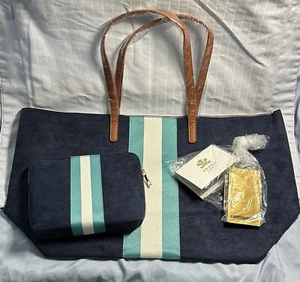 NEW Neiman Marcus Velvet Set TOTE & MAKE-UP Pouch and 9 Samples! NAVY - Picture 1 of 5