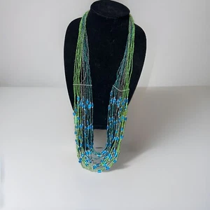Seed Bead Multi Layered Necklace Large Statement Bohemian Blue Silver Color 40" - Picture 1 of 5