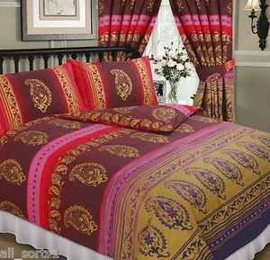 JUEGO DE FUNDA EDREDÓN DE CAMA DOBLE VINO MARRÓN CACHEMIRA DORADO ROJO MEDIO ORIENTE ÉTNICO - Imagen 1 de 1