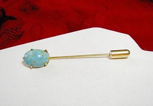 ANTIQUE GOLD TONE OVAL TURQUOISE CABOCHON PRONG SET STICK PIN VINTAGE - Picture 1 of 7