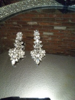 Vintage HUGE 4" Long Weiss Rhinestone Dangle Earrings Clip Clear Statement RARE - Image 1 of 4