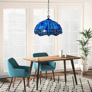 Blaue Libelle Tiffany antiker Stil Pendelleuchte 16 Zoll Buntglasschirm UK - Bild 1 von 18