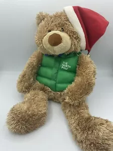 Hallmark Plush North Pole Teddy Bear Stuffed Animal Santa Hat Green Puffer Vest - Picture 1 of 2
