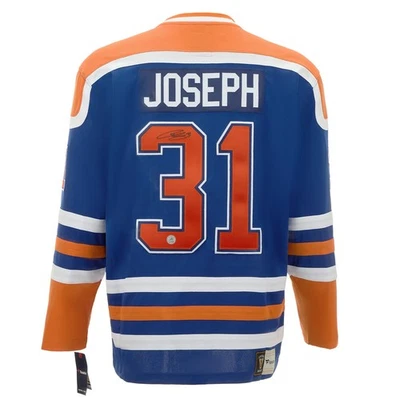 Camiseta deportiva retro autografiada por Curtis Joseph Edmonton Oilers Fanatics Foto 1 de 3