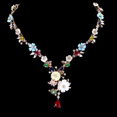 925纯银项链梨红宝石拖把蓝宝石搪瓷花26英寸 — 第 1/4 张图片