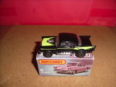 HTF U.S. Issue Matchbox 75 #4-'57 Chevy,Rare Black+Neon Yellow Design,MIEB,NOS. - Image 1 of 4