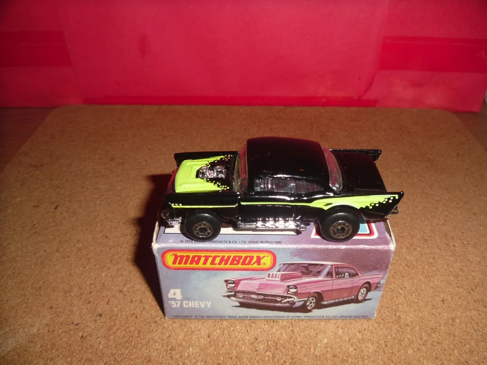 HTF U.S. Issue Matchbox 75 #4-'57 Chevy,Rare Black+Neon Yellow Design,MIEB,NOS. - Image 1 of 4