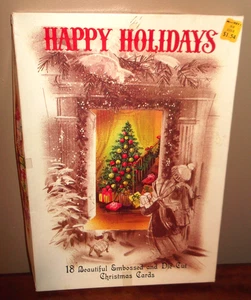 BIG & SHOWY 14" Vintage "HAPPY HOLIDAYS" Weihnachtsgrußkarte LEER Scenic BOX - Bild 1 von 17