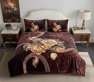FLOWERS BROWN BLANKET  WITH SHERPA VERY SOFTY THICK & WARM 3 PCS KING SIZE - Picture 1 of 1