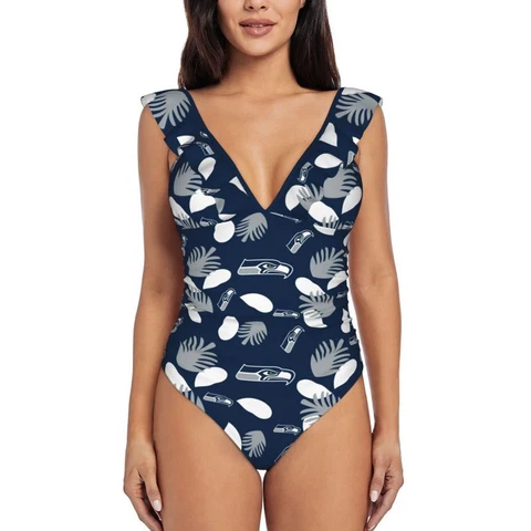 Seattle Seahawks Women's Ruffle One Piece Swimsuit Hawaiian Printed Swimsuit Cover