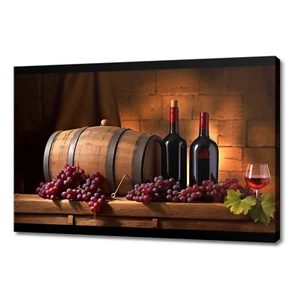Vintage Red Wine Bottles Barrel Grapes Kitchen Decor Canvas Print Wall Art - Picture 1 of 10