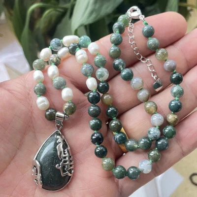 14-28" Natural 6mm Indian Agate Rice White Pearl Gem Beads Drop Pendant Necklace - Image 1 of 4