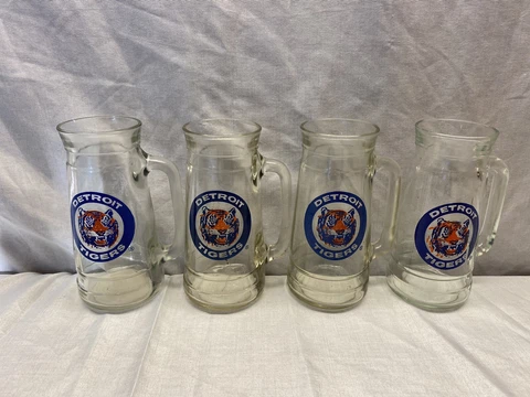 Detroit Tigers Baseball Glass Beer Stein Set Of 4 Mugs 7" 1980s Cover