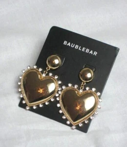 Baublebar Womens Gold Tone Heart Drop Earrings Guilded Clear Rhinestone Pierced - Picture 1 of 3