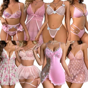 Sexy Womens Lingerie Pink Lace Dress G-string Underwear Babydoll Sleepwear Gifts - Picture 1 of 131