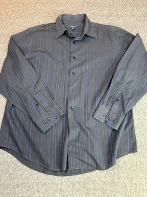 Camisa de vestir Van Heusen para hombre con botones - rayas negras y azules - grande 16-16 1/2 Foto 1 de 4