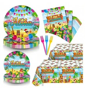 Set di stoviglie per feste Luau hawaiane 98 pezzi con piatti, forchette, tovaglioli e decorazioni - Foto 1 di 5