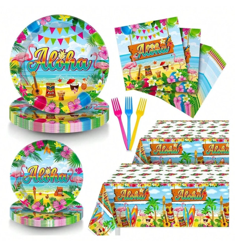 98件装夏威夷Luau派对餐具套装带盘子、叉子、餐巾纸和装饰 — 第 1/4 张图片