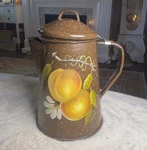 1989s Enamel Decorative Coffee Pot Brown Fruit Rustic Signed - Picture 1 of 13
