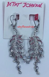 Betsey Johnson Earrings Ballerina Rose Pave Feather Drop Pink Silver Tone New - Picture 1 of 4