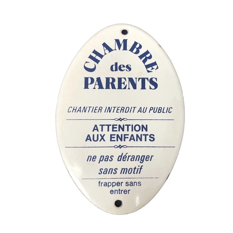 Vintage French Enamel Metal Sign Parents Room Construction Site Beware Children Cover