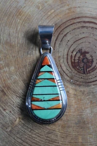 Variscite, Orange Spiny Oyster & Sterling Silver Pendant by R M Navajo - Picture 1 of 7