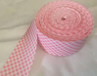 Vintage Bias Tape Cotton 1.625" Wide Pink & White Gingham Check 20 YDS - Image 1 of 3