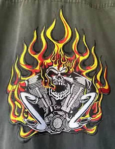Biker Shirt Skull Flames Embroidered Pocket V Twin Cam Mens XXL Metal Snap Up - Picture 1 of 6