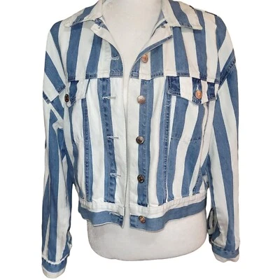 Forever 21 Women's Medium Engineer Stripe Cropped Denim Jean Jacket Blue White - Image 1 of 4