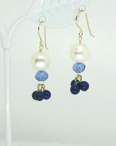 14k Yellow Gold Pearl Lapis Lazuli and Swarovski Crystal Cluster Dangle Earrings - Picture 1 of 4