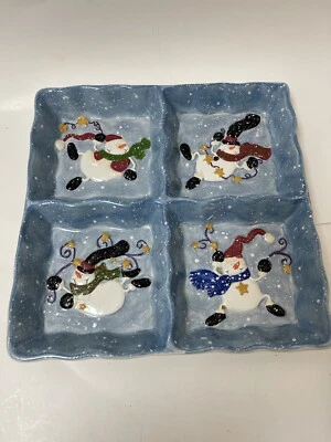 RARE Bella Casa by Ganz Snowmen Chip Olive Tray Divided Serving Dish 13" Square - Image 1 of 4