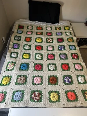 Vintage Crochet 3D Puffy Flower Afghan Granny Core Cottage Blanket Throw 70”x53” - Image 1 of 4