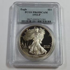 1993 P PCGS PR69 DCAM Proof - 1 oz Silver American Eagle SAE $1 US Coin #53931A - Picture 1 of 3