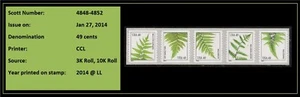 US 4848-4852 4852a Ferns 49c Coil Strip 5 MNH 2014 - Bild 1 von 1
