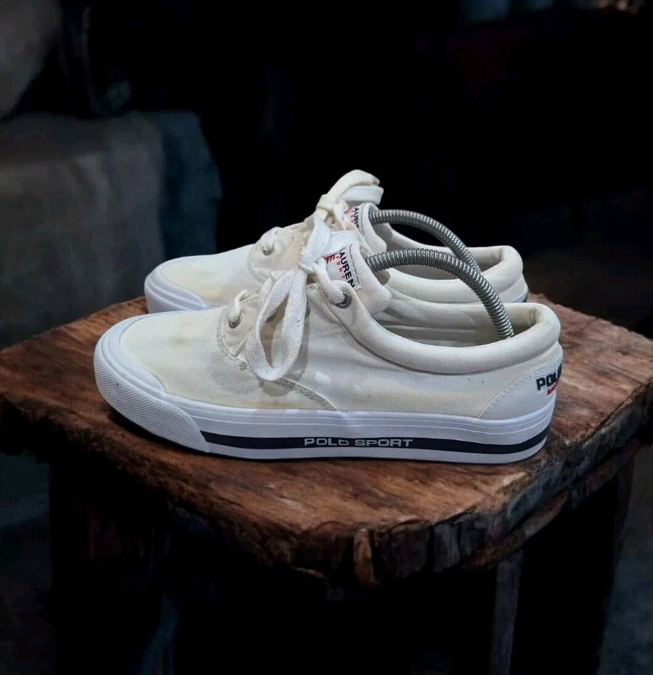 Vintage 90s Polo Sport Ralph Lauren Canvas Shoes Sz 9B Cream Spellout Deck Shoes - Image 1 of 4