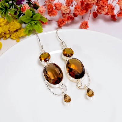 Brincos de prata esterlina 925 étnicos feitos à mão com pedra preciosa quartzo cerveja 2,5" p466 - Imagem 1 de 4