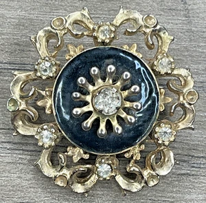 Vintage Brosche Anstecknadel schwarz Emaille weiß Strass goldfarben Blume geplatzt Jugendstil - Bild 1 von 7