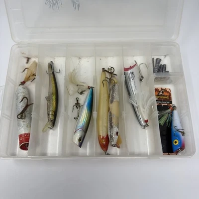 Лот винтажных и современных рыболовных приманок вилки для морской воды попперы гольяны пряжки - Изображение 1 из 4