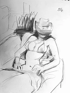 Cartoon Anime Figure Cowboy Woman Pencil Drawing 11x14 Paper Original Signed - Picture 1 of 2