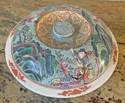 Caçarola de servir coberta de exportação porcelana chinesa antiga medalhão rosa - Imagem 1 de 4