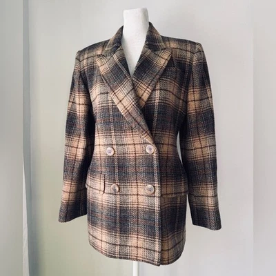 Blazer Esquinero Pequeño Vintage Años 90 Informal 100% Lana Marrón Cuadros Doble Pecho Foto 1 de 4