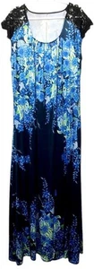 Women's 5XL blue green floral print lace trim pleated short sleeve dress - Imagen 1 de 6