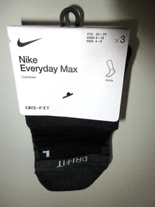 Nike ~ Women's 3-Pack Everyday Max Dri Fit Cushioned ANKLE Socks BLACK Men Youth - Picture 1 of 5