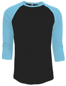 3/4 Sleeve Plain Baseball Raglan T-Shirt Tee Mens Jersey Black Light Blue XL - Picture 1 of 1