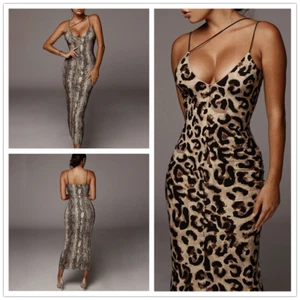 Verano Mujeres Bodycon Largo Midi Vestido Sin Espalda Elegante Leopardo Fiesta Sexy Vestido - Imagen 1 de 12
