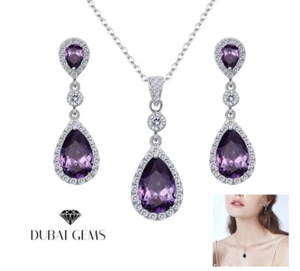 White gold finish amethyst And created diamond pearcut necklace And earrings - Picture 1 of 5
