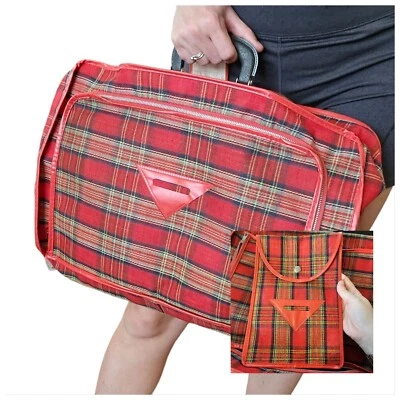 60s Retro Red Plaid Softshell Suitcase Carryon Luggage W Small Matching Bag 2 Pc - Image 1 of 4