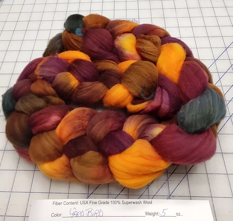 Superwash Fine Wool Top Roving Spinning Handpainted Dyed USA Yard Bird - Image 1 of 1